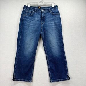 Lee Capri Jeans Women 14 (32x21*) Blue Denim Pants Cotton Blend Whiskers Zip Fly